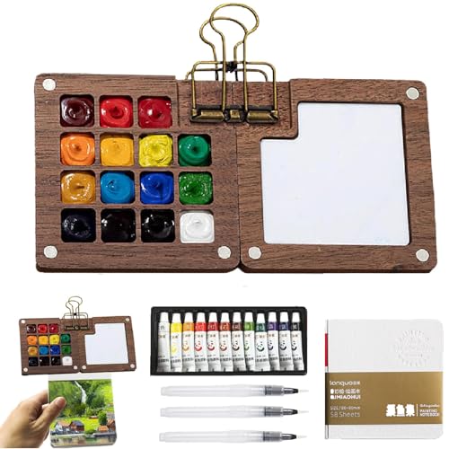 Aquarell-Reisepalette, Holzpalette, Aquarell-Palette, tragbare Aquarellpalette, Mini-Box, Reise-Maltablett für Aquarelle (15 Raster) von ARROMI