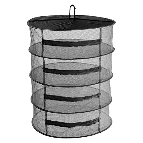 Trockennetz Kräuter 4 lagiges Kräutertrockner Hängend mit S förmige Haken, Klappbar Pflanzen Trockenregal Plant Drying Rack Mit Reißverschluss Für Kräuter,Pflanze,Fleisch,Blumen (Black Diameter 45cm) von ARSBORUI