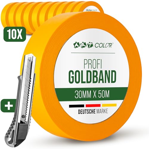 ART COLOR 10x Profi Goldband 30mm x 50m inkl. Cuttermesser - Maler Klebeband für exakte Farbkanten - UV beständiges Abklebeband - Alu Teppichmesser von ART COLOR