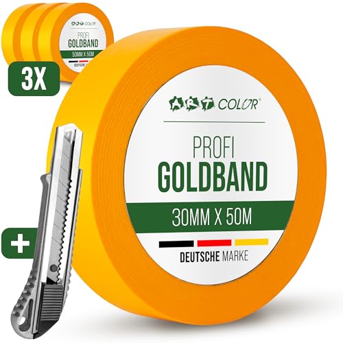 ART COLOR 3x Profi Goldband 30mm x 50m inkl. Cuttermesser - Maler Klebeband für exakte Farbkanten - UV beständiges Abklebeband - Alu Teppichmesser von ART COLOR