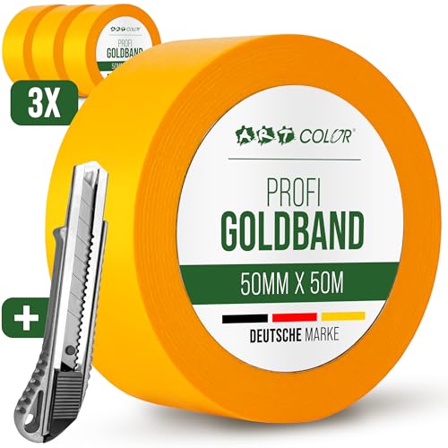 ART COLOR 3x Profi Goldband 50mm x 50m inkl. Cuttermesser - Maler Klebeband für exakte Farbkanten - UV beständiges Abklebeband - Alu Teppichmesser von ART COLOR