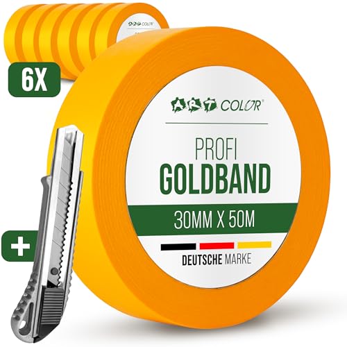 ART COLOR 6x Profi Goldband 30mm x 50m inkl. Cuttermesser - Maler Klebeband für exakte Farbkanten - UV beständiges Abklebeband - Alu Teppichmesser von ART COLOR