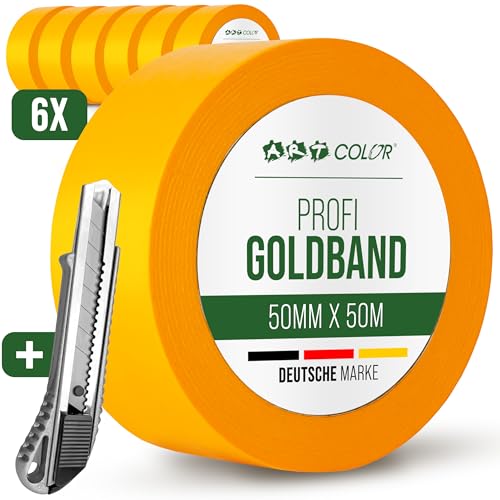 ART COLOR 6x Profi Goldband 50mm x 50m inkl. Cuttermesser - Maler Klebeband für exakte Farbkanten - UV beständiges Abklebeband - Alu Teppichmesser von ART COLOR