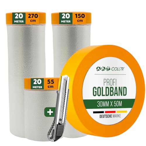 ART COLOR Abdeckfolie mit Klebeband Set – 3 Größen (55cm, 150cm, 270cm) inkl. 30mm x 50m Goldband und Cuttermesser – Reißfeste Malerfolie für Innen & Außen von ART COLOR