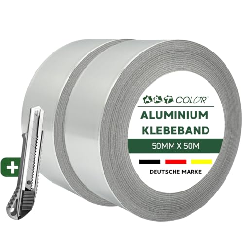 ART COLOR Aluminium Klebeband 50mm x 50m, 2 Rollen – Hitzebeständiges Alu Klebeband für Abdichtung & Reparaturen, wasser- und dampfdicht von ART COLOR