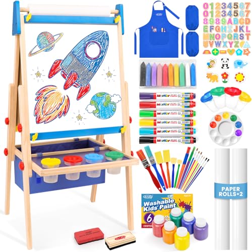 Kunststaffelei für Kinder, Staffelei für Kleinkinder, verstellbare Holzstaffelei für Kinder, Zeichenstaffelei mit magnetischem Whiteboard und Kreidetafel, trocken abwischbare Tafel, Staffelei für von ARTALLY