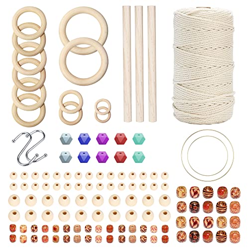 ARTBELLA Makramee Set 3mm x 200m Makramee Garn mit 110 Holzperlen 15 Holzringe 3 Holzstäbchen Naturliches Baumwolle Garn für Wandbehang DIY Pflanzenaufhänger von ARTBELLA