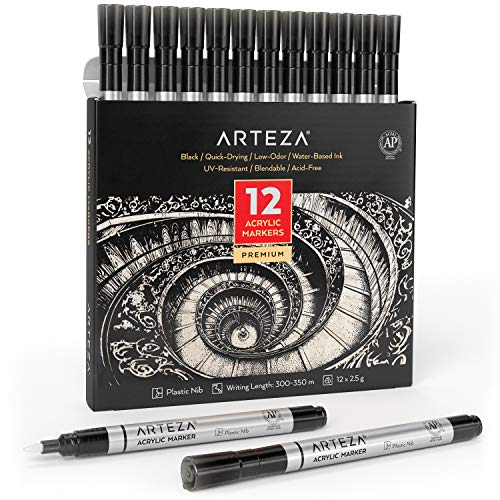 ARTEZA Acrylmarker Schwarz, 12er Set, langlebige Acrylstifte wasserfest mit Kunststoffspitze, Stifte zum Steine Bemalen, für Metall, Leinwand, Keramikoberflächen, Glas, Holz und Stoff von ARTEZA