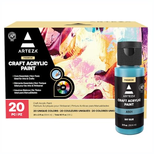 ARTEZA Acrylfarben Set, 60ml Flaschen, 20er-Set, wasserbasiert, mattes Finish, mischbare Acrylmalfarben für Kunst & DIY Projekte auf Glas, Holz, Keramik, Stoffen, Papier und Leinwand von ARTEZA