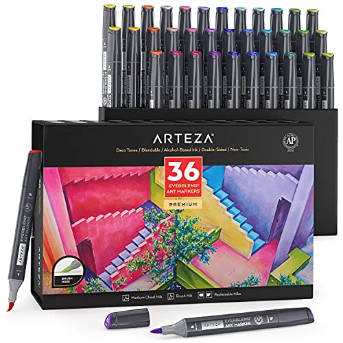 ARTEZA Everblend Ultra Graffiti Stifte, 36er Set Art Marker in Deko-Farbtönen, Alkohol Marker mit Medium Keilspitze und Pinselspitze, Twinmarker zum Färben, Skizzieren inkl. Organizer Box, 1 Stück (36er Pack) von ARTEZA