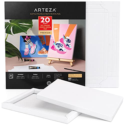 Arteza Faltbarer Mixed Media Papier Leinwandblock, 20.4 x 28 cm, 20 Blatt, DIY-Rahmen, schweres Künstler Papier, 370 g/m², säurefrei, Art Block für Malerei und Kunst mit Mischtechniken von ARTEZA