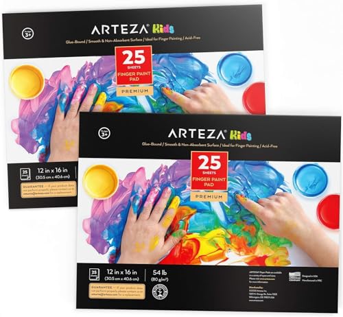 ARTEZA Fingerfarben Papier Block 30.48 x 40.64 cm, 2er Pack Malblock Kinder, 50 Blatt (80 g/m²), je 25 Blatt, klebegebundenes Satin Malpapier für Kleinkinder, für Fingermalerei und Mischtechniken von ARTEZA