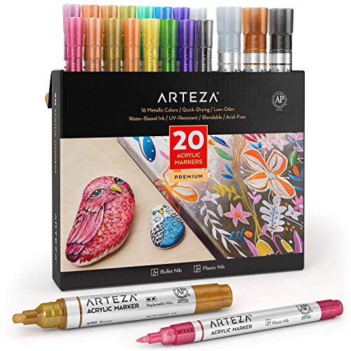 ARTEZA Acrylstifte Metallic, 20er Set verschiedene Acrylmarker mit austauschbaren Spitzen, metallic Stifte für Steine, Leinwand, Glas, Holz, Keramik und Kunststoff von ARTEZA