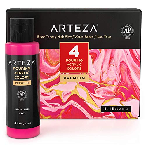 ARTEZA Pouring Acrylfarbe, 118 ml Flaschen, Set mit 4 Rougetönen, flüssige Gießfarbe, kein Mischen erforderlich, Farbe zum Gießen auf Leinwand, Glas, Papier, Holz, Fliesen und Steinen von ARTEZA