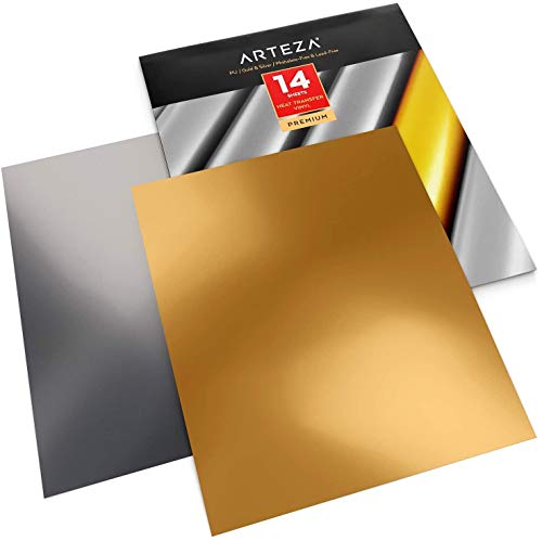 ARTEZA Wärmeübertragung Vinylfolie, 14 Heat Transfer Vinylblätter 10 x 12 Zoll (25.4 x 30.4cm), metallic Plotterfolien 7 in Gold / 7 in Silber, Vinyl Papier für Hitzedruck-Transfer von Bügelbildern von ARTEZA