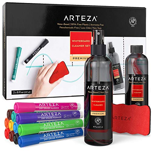 ARTEZA Whiteboard-Reinigungsset, 12 farbige Whiteboard Marker mit Keilspitzen, 2 Magnetschwämme und 237 ml Whiteboard Reiniger Spray, zur Reinigung von Whiteboards, Tafeln und Glasmagnettafeln von ARTEZA