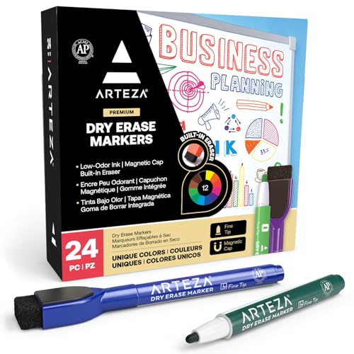 ARTEZA magnetische Whiteboard Marker, 24 bunte Whiteboard Stifte mit dünner Rundspitze, trocken abwischbare Boardmarker mit Filz-Radierer für Schule, Büro und Zuhause, 1 stück (24er Pack) von ARTEZA