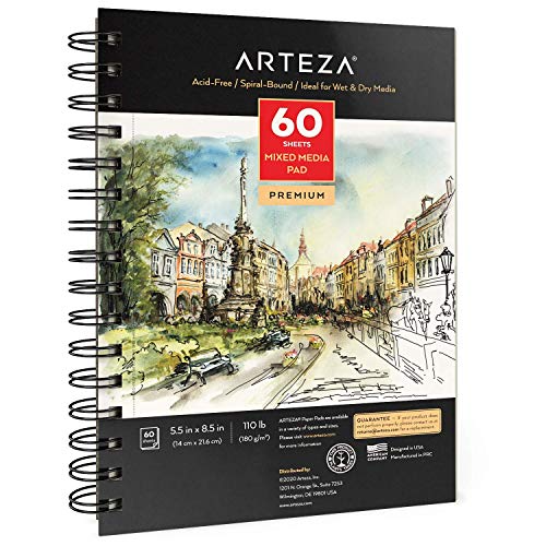 Arteza 5.5”x 8.5" Mixed Media Skizzenbuch (14x21.6 cm), 60 Blatt 180gsm, mikroperforierter Zeichenblock mit Spiralbindung für nasse und trockene Malmedien, zum Skizzieren, Zeichnen, Malen von ARTEZA