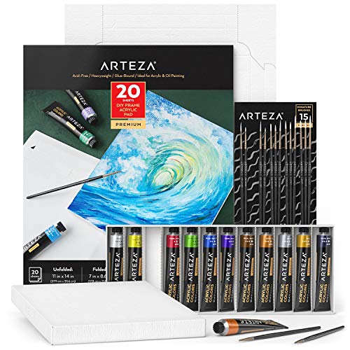 Arteza Acrylfarben Metallic Set, 12 Farben Acrylfarbe, 15 Detailpinsel und 17.78 x 21.84 cm faltbarer Leinwandblock, Acryl Malset für Erwachsene und Kinder von ARTEZA