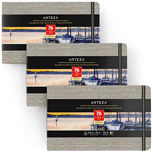 Arteza Aquarell Skizzenbuch 13cm x 21cm, 3er-Pack mit jeweils 76 Seiten, 230g/m² kaltgepresstes säurefreies Aquarellpapier gebunden in Leineneinband, für Aquarelltechniken und Mischtechnik von ARTEZA