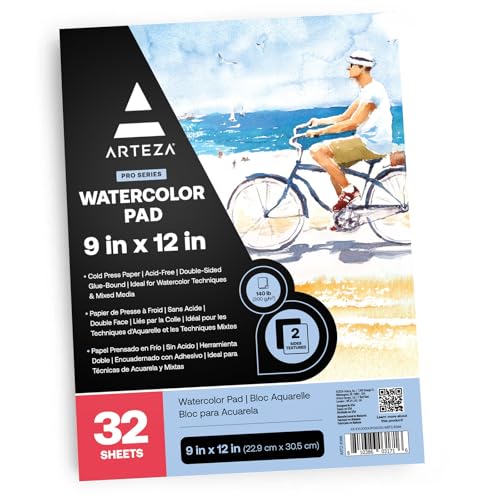 Arteza Aquarellblock Expert 22.9 cm x 30.5 cm, Malblock mit 32 Blatt, kaltgepresstes und säurefreies Aquarellpapier, Malpapier für Wasserfarben und gemischte Malmedien von ARTEZA