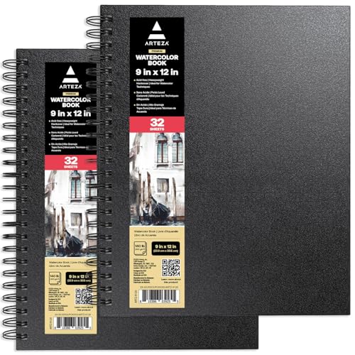 Arteza Aquarellpapier Skizzenbücher, 22.86 x 30.48 cm, 2er-Pack, schwarzes Hardcover Skizzenbuch, 64 Blatt, 300 g/m² Aquarellbuch, Ringbuch für Aquarell, Gouache, Acryl, Bleistifte von ARTEZA