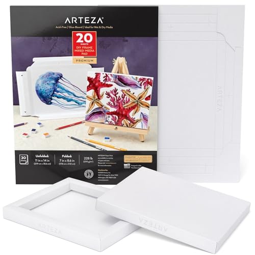 Arteza Faltbarer Mixed Media Papier Leinwandblock, 17.8 x 21.8 cm, 20 Blatt, DIY-Rahmen, schweres Künstler Papier, 370 g/m², säurefrei, Art Block für Malerei und Kunst mit Mischtechniken von ARTEZA