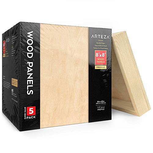 Arteza Holz Leinwand, 20 x 20 cm, 5er Pack, Birkenholz, Holz zum Bemalen, Enkaustik, Holz brennen, Pouring, Verwendung mit Öl und Acrylfarben von ARTEZA