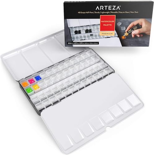 Arteza Leerer Aquarellkasten, Blechkasten mit 48 Halb-Näpfchen aus Plastik, zur Aufbewahrung von Acryl-, Öl- und Aquarellfarben, für Reisende Künstler und Studenten von ARTEZA