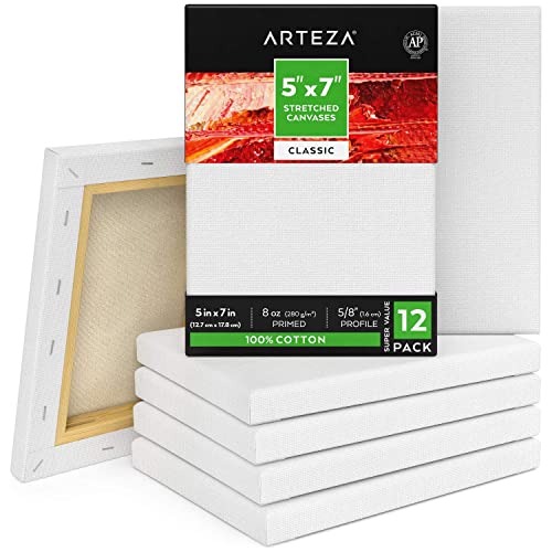 Arteza Leinwand Keilrahmen, 12.7 x 17.8 cm Großpack mit 12 bespannten Keilrahmen, weiße grundierte 100% Baumwolle, für Malerei, Acrylgießen, Ölfarben & nasse Kunstmedien, Leinwände für Profis & Hobby von ARTEZA