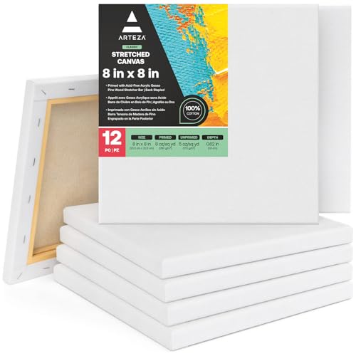 Arteza Leinwand Keilrahmen, 20.3 x 20.3cm Großpack mit 12 bespannten Keilrahmen, weiße grundierte 100% Baumwolle, für Malerei, Acrylgießen, Ölfarben & nasse Kunstmedien, Leinwände für Profis & Hobby von ARTEZA