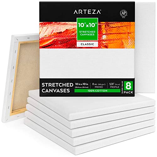 Arteza Leinwand Keilrahmen, 25.4 x 25.4 cm Großpack mit 8 bespannten Keilrahmen, weiße grundierte 100% Baumwolle, für Malerei, Acrylgießen, Ölfarben & nasse Kunstmedien, Leinwände für Profis & Hobby von ARTEZA