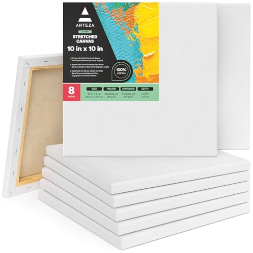 Arteza Leinwand Keilrahmen, 25.4 x 25.4 cm Großpack mit 8 bespannten Keilrahmen, weiße grundierte 100% Baumwolle, für Malerei, Acrylgießen, Ölfarben & nasse Kunstmedien, Leinwände für Profis & Hobby von ARTEZA