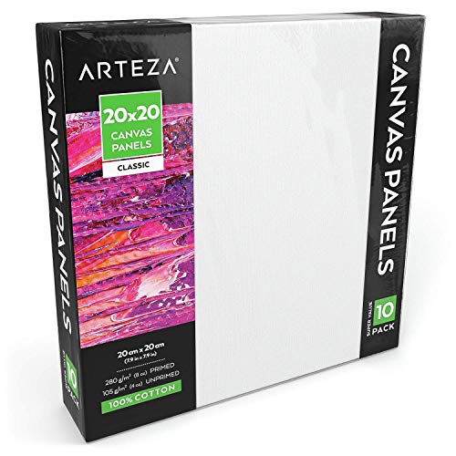 Arteza Malkarton, 20x20cm Großpackung mit 10 Leinwänden, weiße grundierte 100% Baumwolle, für Malerei, Acrylgießen, Ölfarben & nasse Kunstmedien, Malpappe für Profis & Hobbymaler von ARTEZA