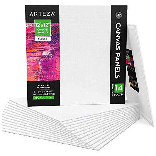 Arteza Malkarton, Leinwand 30.4 x 30.4 cm 14er-Pack, weiße grundierte Leinwand quadratisch 100% Baumwolle, für Malerei, Acrylgießen, Ölfarben & nasse Kunstmedien, Malpappe für Profis & Hobbymaler von ARTEZA