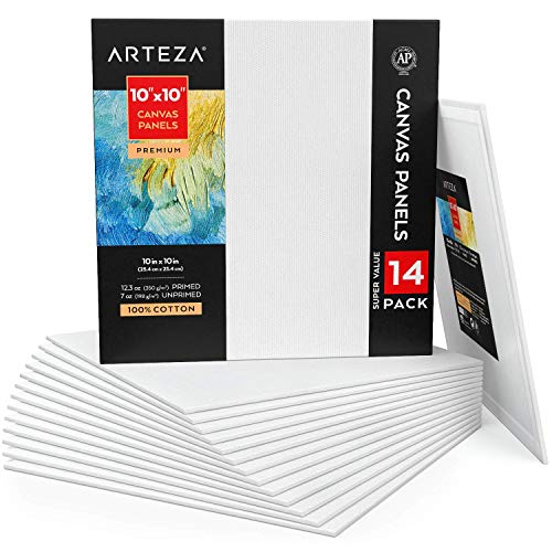 Arteza Malkarton 14er-Pack, weiße Leinwand 25.4 x 25.4 cm, 100% Baumwolle, grundierte Malpappe 350 g/m², für Acrylfarben, Ölfarben und Nass-Art Medien, Leinwände für Künstler & Hobbymaler von ARTEZA