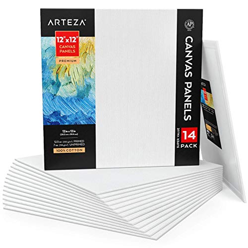 Arteza Malkarton 14er-Pack, weiße Leinwand 30.5 x 30.5 cm, 100% Baumwolle, grundierte Malpappe 350 g/m², für Acrylfarben, Ölfarben und Nass-Art Medien, Leinwände für Künstler & Hobbymaler von ARTEZA