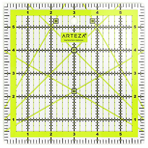 Arteza Patchwork-Lineal, transparentes Acryl Quilt-Lineal, 6 x 6 Zoll (15.24x15.24cm), Lineal für Quiltstoff mit zweifarbigen Rasterlinien von ARTEZA