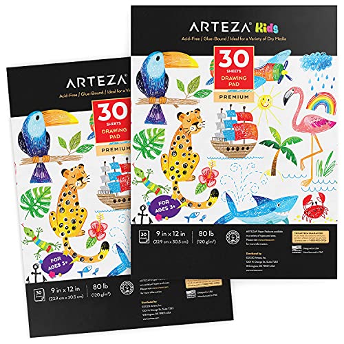 Arteza Malblock für Kinder, 2er Pack, 22.9 x 30.5 cm, je 30 große Blätter Malpapier, Zeichenblock zum Zeichnen mit Buntstiften, Wachsmalstiften & Markern von Arteza Kids