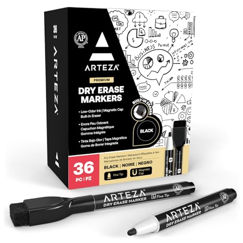 Arteza magnetische Whiteboard Marker in Schwarz, 36 Whiteboard Stifte mit feiner Spitze, trocken abwischbare Stifte für Magnettafeln, Boardmarker mit Filz-Radierer für Büro oder Schule von ARTEZA