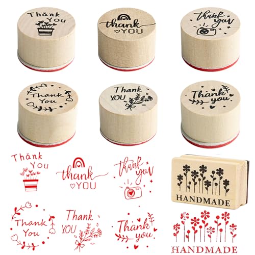 ARTGHJL Holzstempel Set, 7 Stück Thank You Stempel Holz Rund Holzstempelset Danke Handmade Stempel Klein Motivstempel, Vintage-Stempel für Scrapbooking, Karten, Kartenherstellung, Kunsthandwerk von ARTGHJL