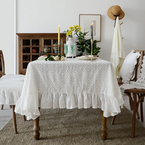 ARTMAGIC French White Cotton Tablecloth Ruffled Lace Embroidered Fabric Tablecloths Rustic Rectangular Washable Table Cover for Indoor Outdoor Home Holiday Party Christmas (152,4 cm x 104, White von ARTMAGIC