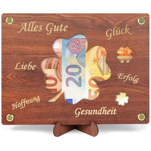 ARTREE Geldgeschenke Geburtstag, Personalisiertes Kleeblatt Geburtstagskarte aus Holz Jubiläum Hochzeitsgeschenke Geld Geschenkideen, Holz Geburtstagskarte mit Ständer für Frauen Männer von ARTREE