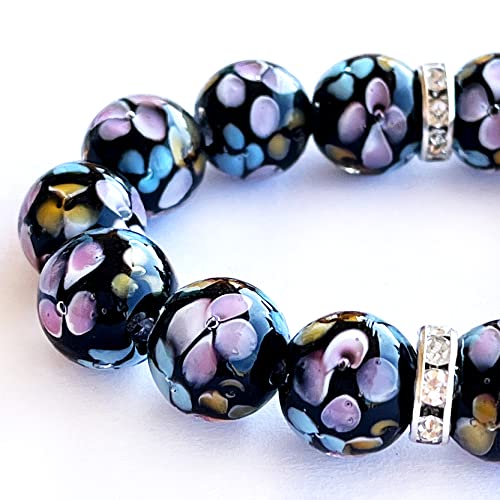 Artsy Crafts 24 Stück 12 mm Lampwork-Blumen-Glasperlen europäische Maruno-Blumen-Perlen, handgefertigte lose Kristallperlen für Schmuckherstellung, Charm-Armband, Ohrringe, Rosenkranz (schwarz) von ARTSY CRAFTS INC