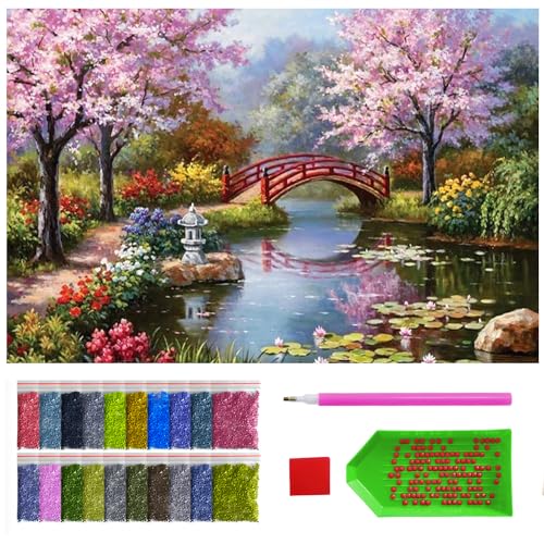 ARTULIO Diamond Painting Set - Brücke in malerischem Garten - 40x60 cm - Groß XXL - 5D Diamant Painting Bilder DIY, Diamond Painting Erwachsene von ARTULIO