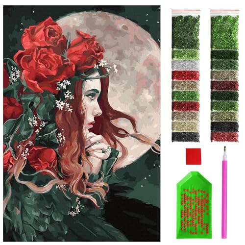 ARTULIO Diamond Painting Set - Frau mit Blumen im Haar vor Mond - 40x60 cm - Groß XXL - 5D Diamant Painting Bilder DIY, Diamond Painting Erwachsene von ARTULIO