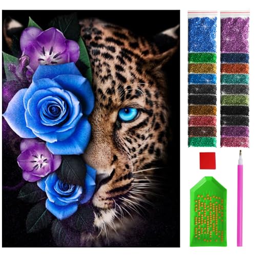 ARTULIO Diamond Painting Set - Gepard mit blau-violetten Blumen - 30x40 cm – 5D Diamant Painting Bilder DIY, Diamond Painting Erwachsene von ARTULIO