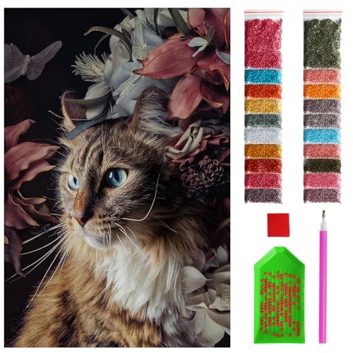 ARTULIO Diamond Painting Set - Katze umgeben von Blumen - 40x60 cm - Groß XXL - 5D Diamant Painting Bilder DIY, Diamond Painting Erwachsene von ARTULIO