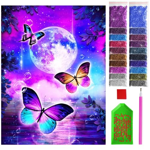 ARTULIO Diamond Painting Set - Schmetterlinge vor dem Mond - 30x40 cm – 5D Diamant Painting Bilder DIY, Diamond Painting Erwachsene von ARTULIO