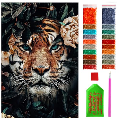 ARTULIO Diamond Painting Set - Tiger unter Blumen - 40x60 cm - Groß XXL - 5D Diamant Painting Bilder DIY, Diamond Painting Erwachsene von ARTULIO